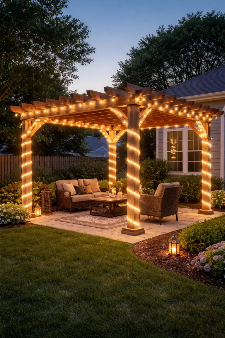 A realistic photo of a typical American home's backyard with clear led rope lights spiraling up the posts of a wooden pergola, creating a bright glowing outline of the structure.