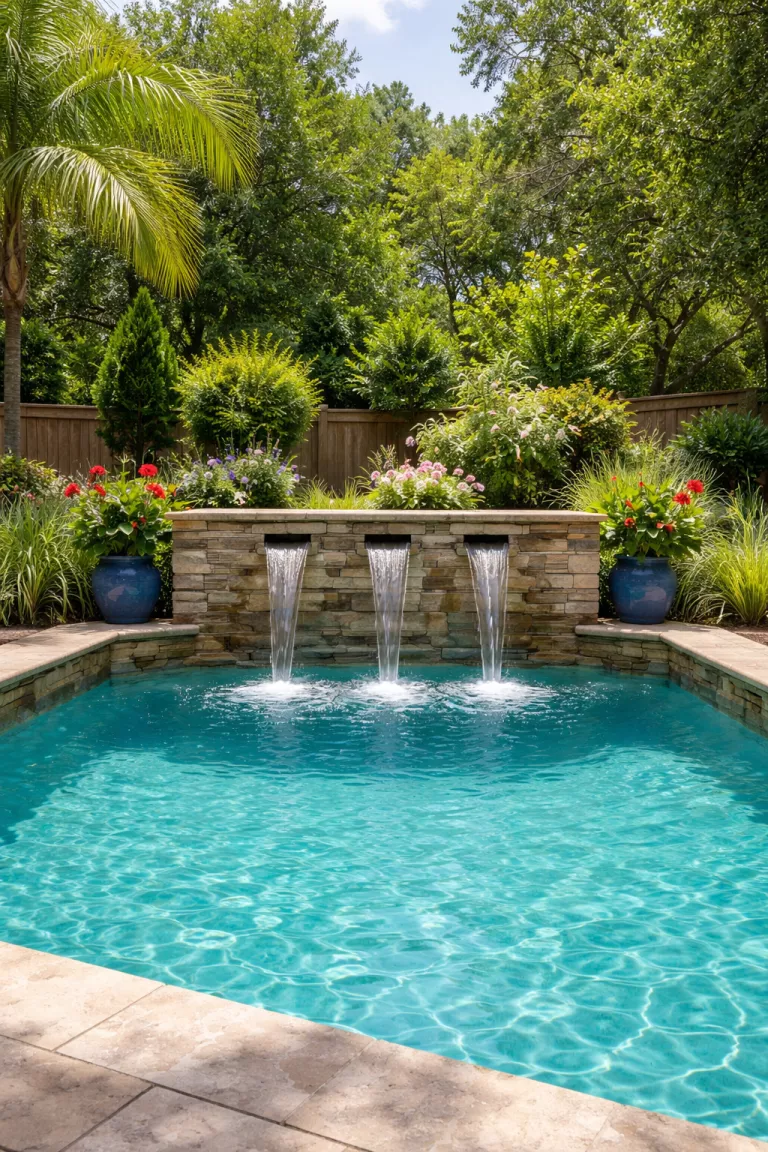 A realistic photo of a typical American home's backyard featuring a stone wall fountain with water spilling into a turquoise pool under bright daylight.