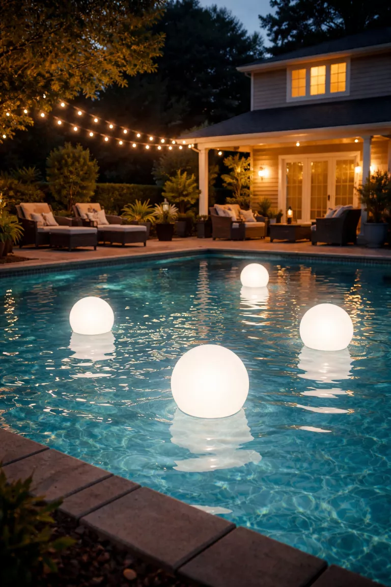 A realistic photo of a typical American home's backyard with white glowing solar globe lights floating on the surface of a swimming pool at night.