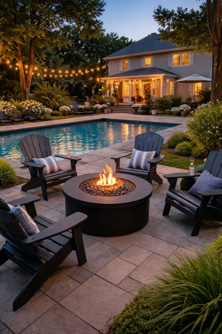 A realistic photo of a typical American home's backyard showing a round black gas fire pit surrounded by Adirondack chairs near the edge of a pool during a clear evening.