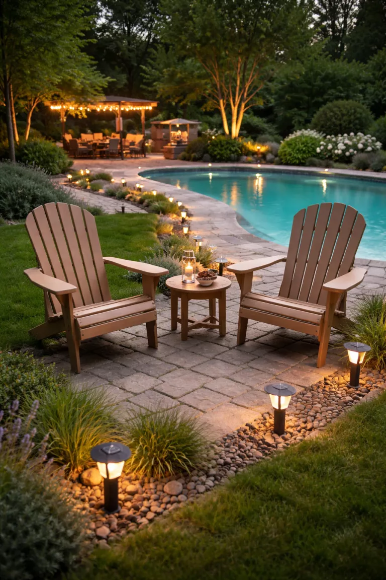 A realistic photo of a typical American home's backyard featuring tan recycled plastic Adirondack chairs and small solar powered ground lights along a pool path.