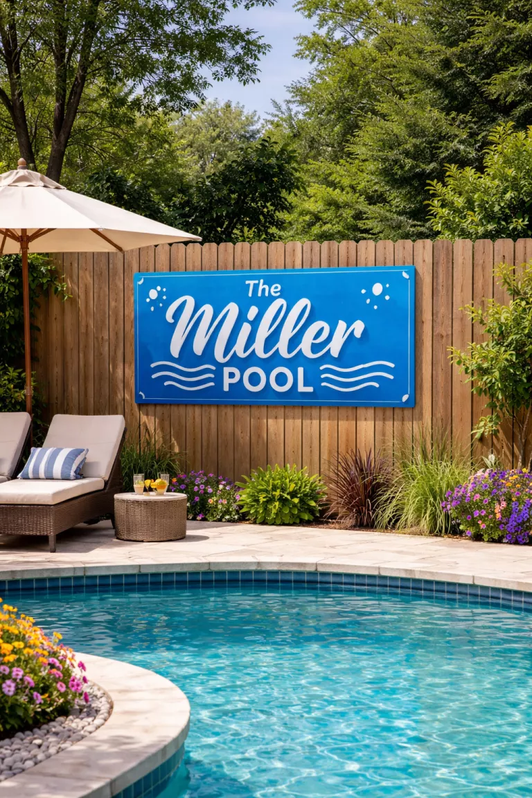 A realistic photo of a typical American home's backyard featuring a custom blue acrylic pool sign with white text saying 'The Miller Pool' mounted on a wooden fence.