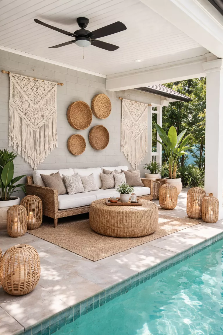 A realistic photo of a typical American home's backyard featuring white macrame wall hangings and tan rattan baskets used as decor on a covered pool patio.