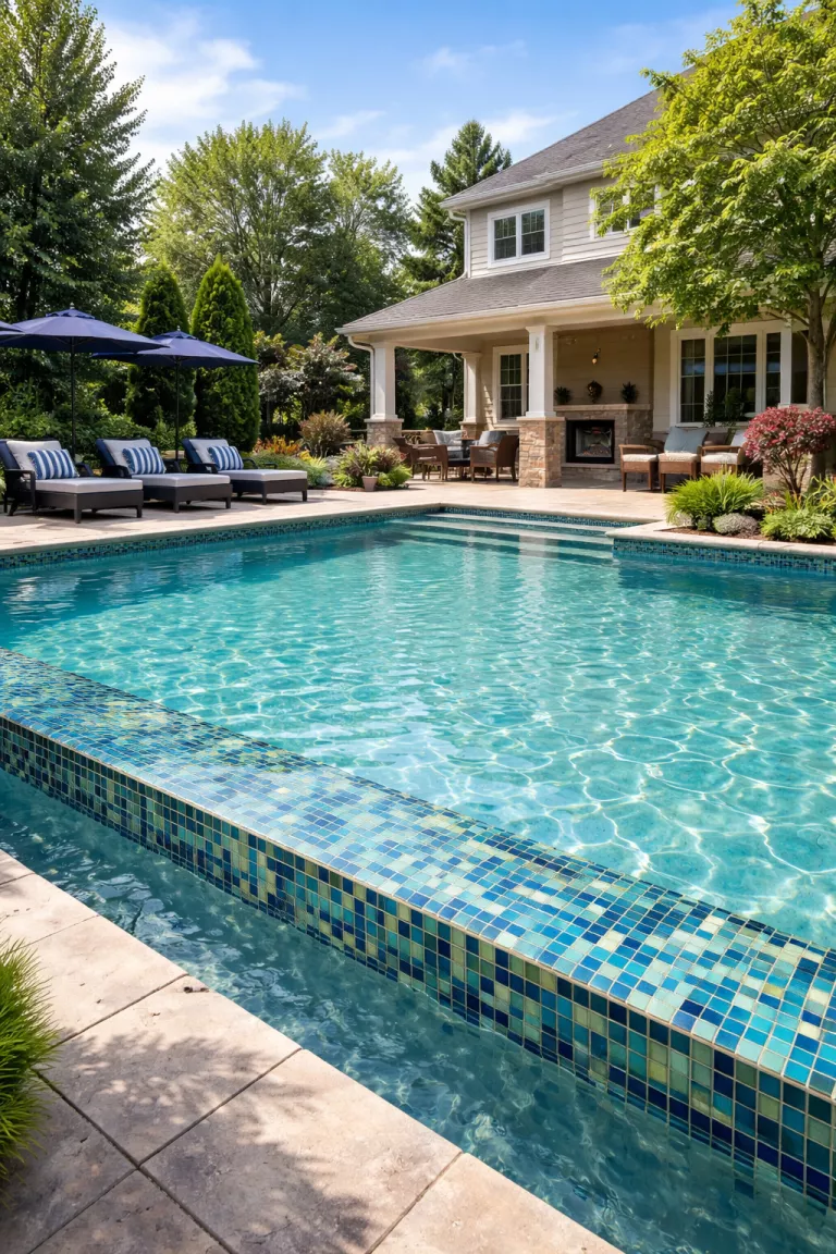 A realistic photo of a typical American home's backyard with blue and green glass mosaic tiles shimmering along the waterline of a luxury swimming pool.