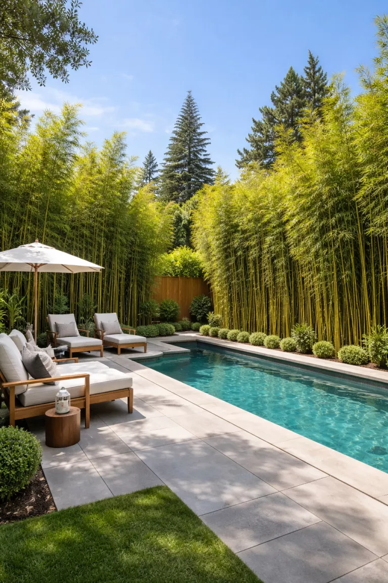 A realistic photo of a typical American home's backyard showcasing tall natural bamboo privacy screens bordering a modern pool deck for a secluded feel.