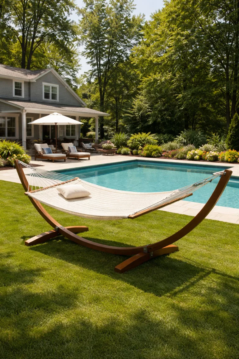 A realistic photo of a typical American home's backyard featuring a cream colored freestanding hammock with a wooden frame standing on a manicured lawn next to a pool.