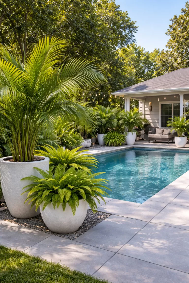A realistic photo of a typical American home's backyard with large green potted palms and lush ferns in white ceramic planters positioned around the edge of a modern swimming pool for privacy.