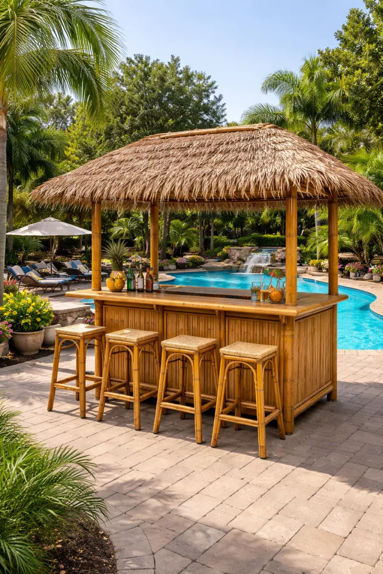A realistic photo of a typical American home's backyard featuring a bamboo tiki bar with a brown thatched roof and matching bar stools overlooking a swimming pool.