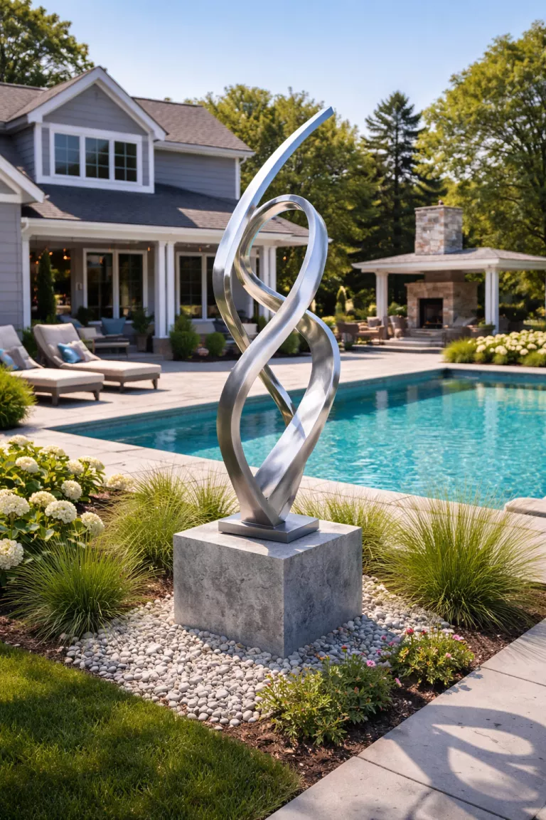 A realistic photo of a typical American home's backyard featuring a silver modern abstract metal sculpture standing on a stone pedestal near a contemporary pool.