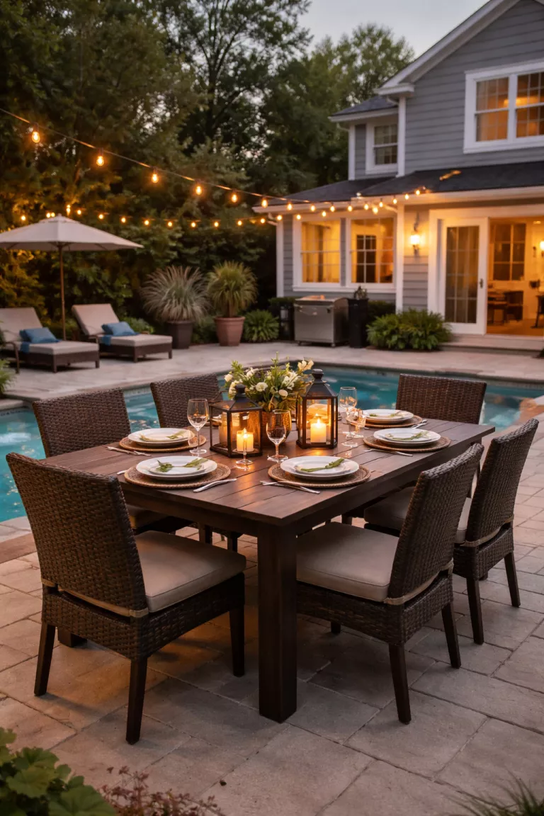A realistic photo of a typical American home's backyard with a dark brown rectangular wooden dining table and six matching chairs set for dinner on a pool patio.
