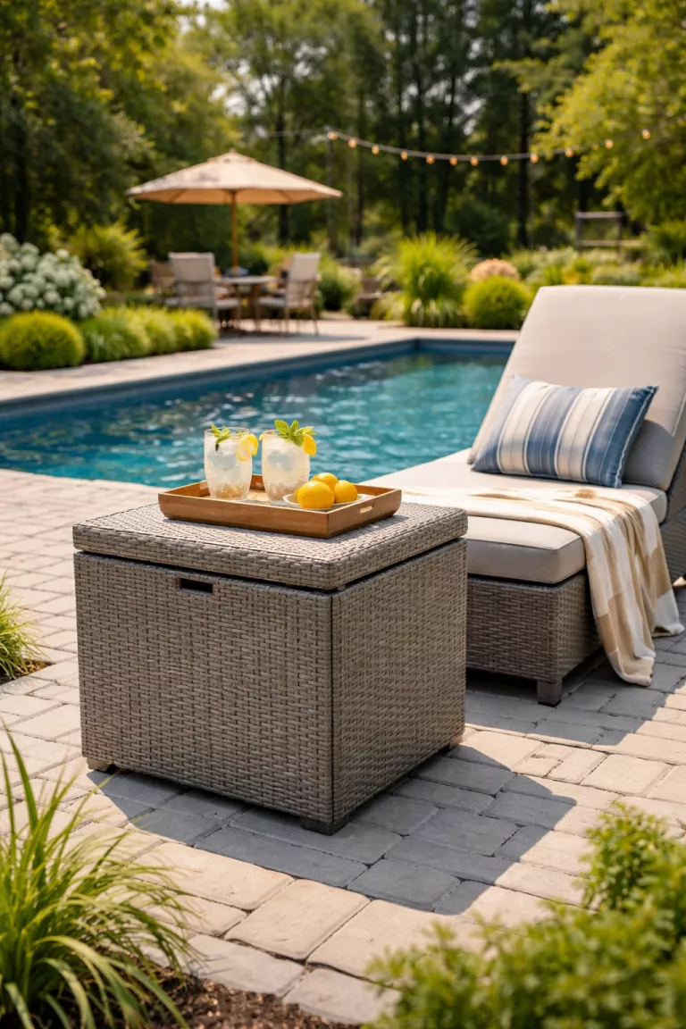 A realistic photo of a typical American home's backyard featuring a grey storage ottoman that serves as a side table next to a lounge chair by a pool.