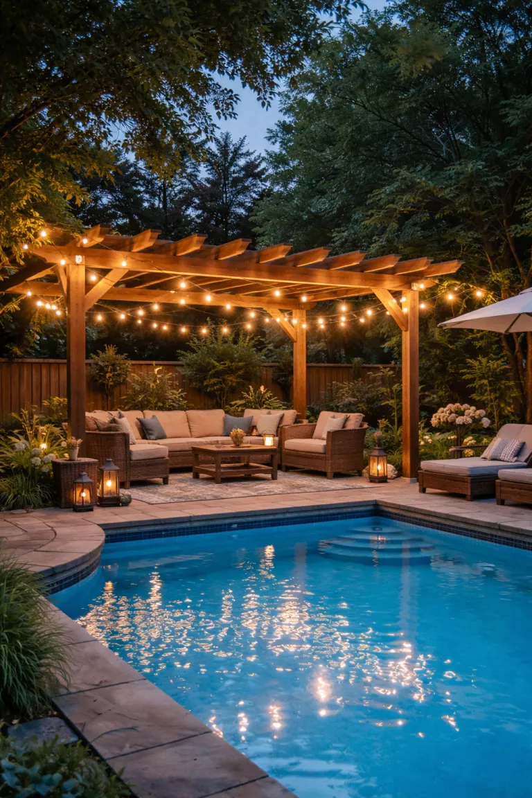 A realistic photo of a typical American home's backyard where warm white Edison bulb string lights drape across a wooden pergola over a poolside seating area during twilight.