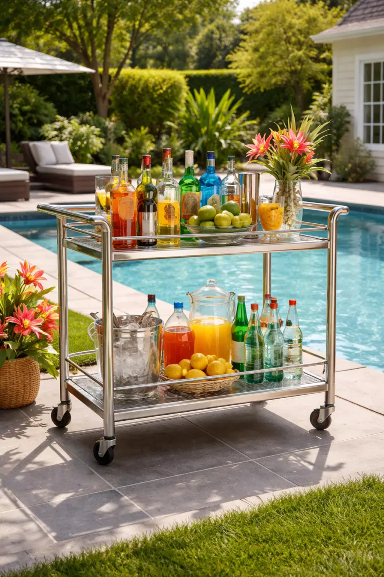 A realistic photo of a typical American home's backyard featuring a silver stainless steel bar cart stocked with colorful glass bottles and tropical garnishes parked near a pool.