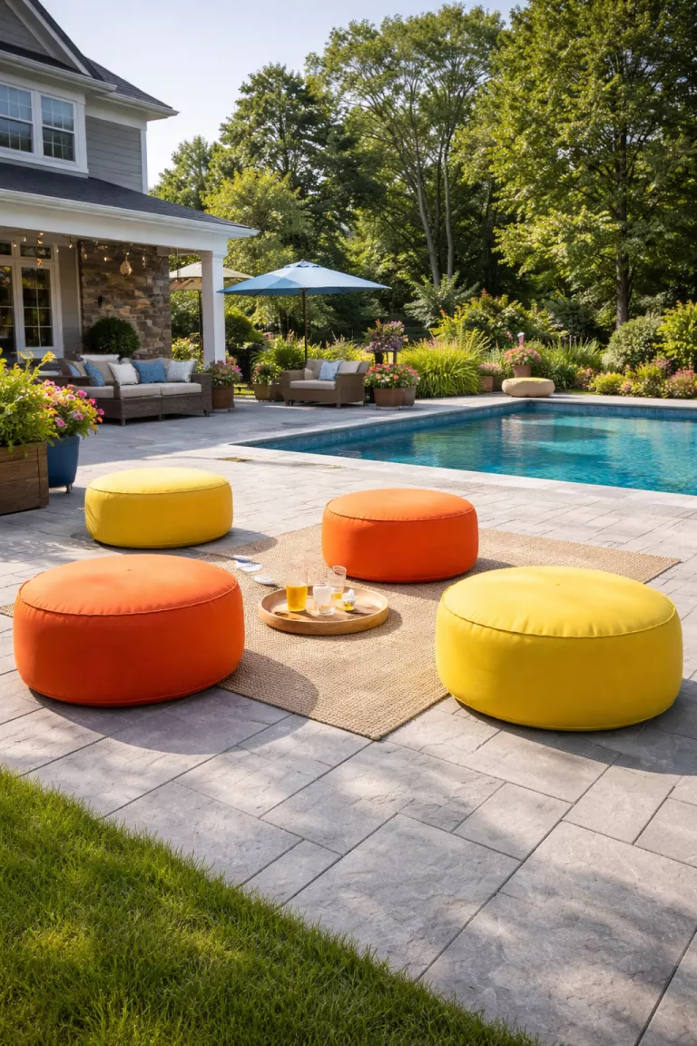 A realistic photo of a typical American home's backyard with bright orange and yellow weatherproof floor poufs scattered on a patio near a swimming pool.