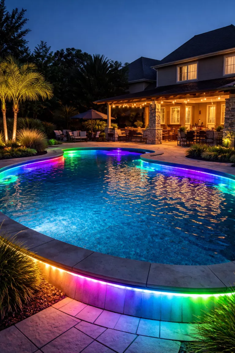 A realistic photo of a typical American home's backyard showing multicolored LED light strips installed under the coping of a pool to create a vibrant nighttime glow.