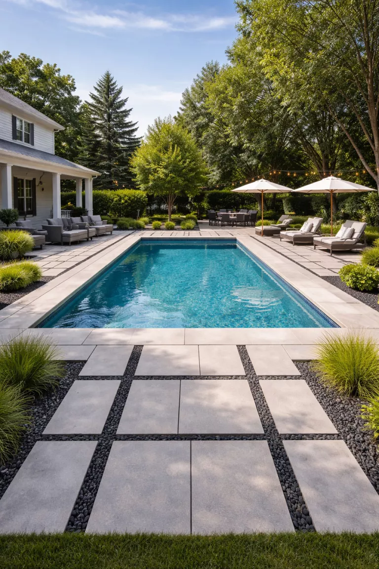 A realistic photo of a typical American home's backyard featuring light grey square concrete pavers with black pebble accents surrounding a rectangular swimming pool.