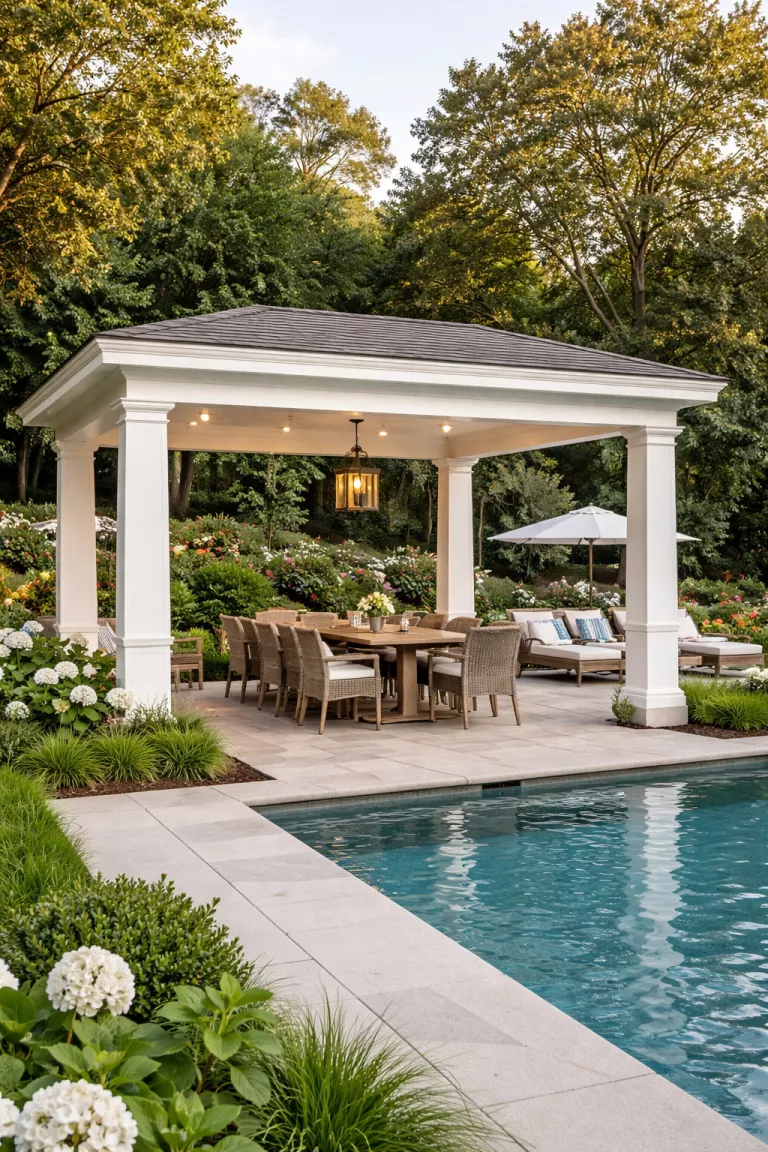 A realistic photo of a traditional American home's backyard with a flat roof gazebo pool cabana supported by thick white columns, featuring a large dining table, a hanging pendant light, and several small ceiling lights.