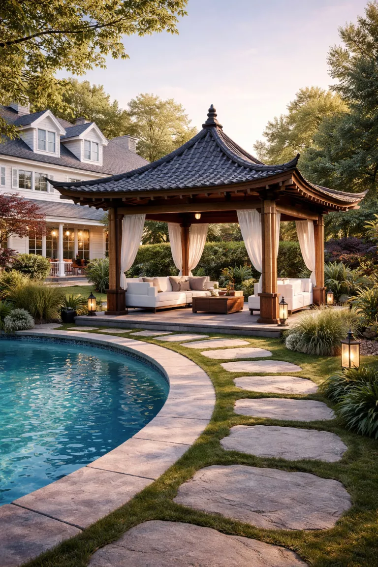A realistic photo of a traditional American home's backyard with an Asian inspired pagoda cabana featuring an elevated dark wood roof, open sides with bamboo pillars, minimal low profile white furniture, and a stone path leading to the edge of a curved swimming pool.