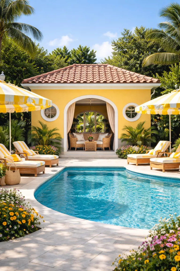 A realistic photo of a traditional American home's backyard featuring a bright yellow stucco cabana with circular porthole windows, a comfortable rattan lounge set inside, and several yellow and white striped umbrellas positioned around a sunny blue pool area.