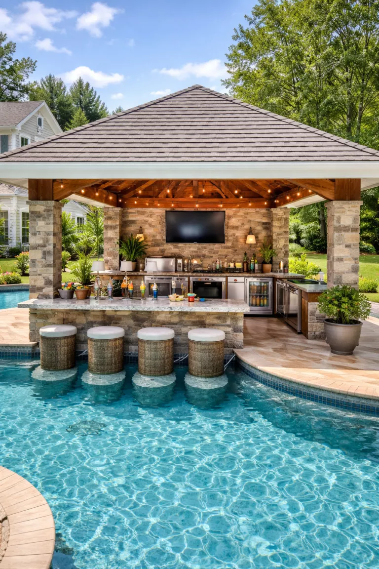 A realistic photo of a traditional American home's backyard featuring a cabana with a swim up bar, featuring stone stools submerged in the pool and a serving counter with a professional grill and a refrigerator.