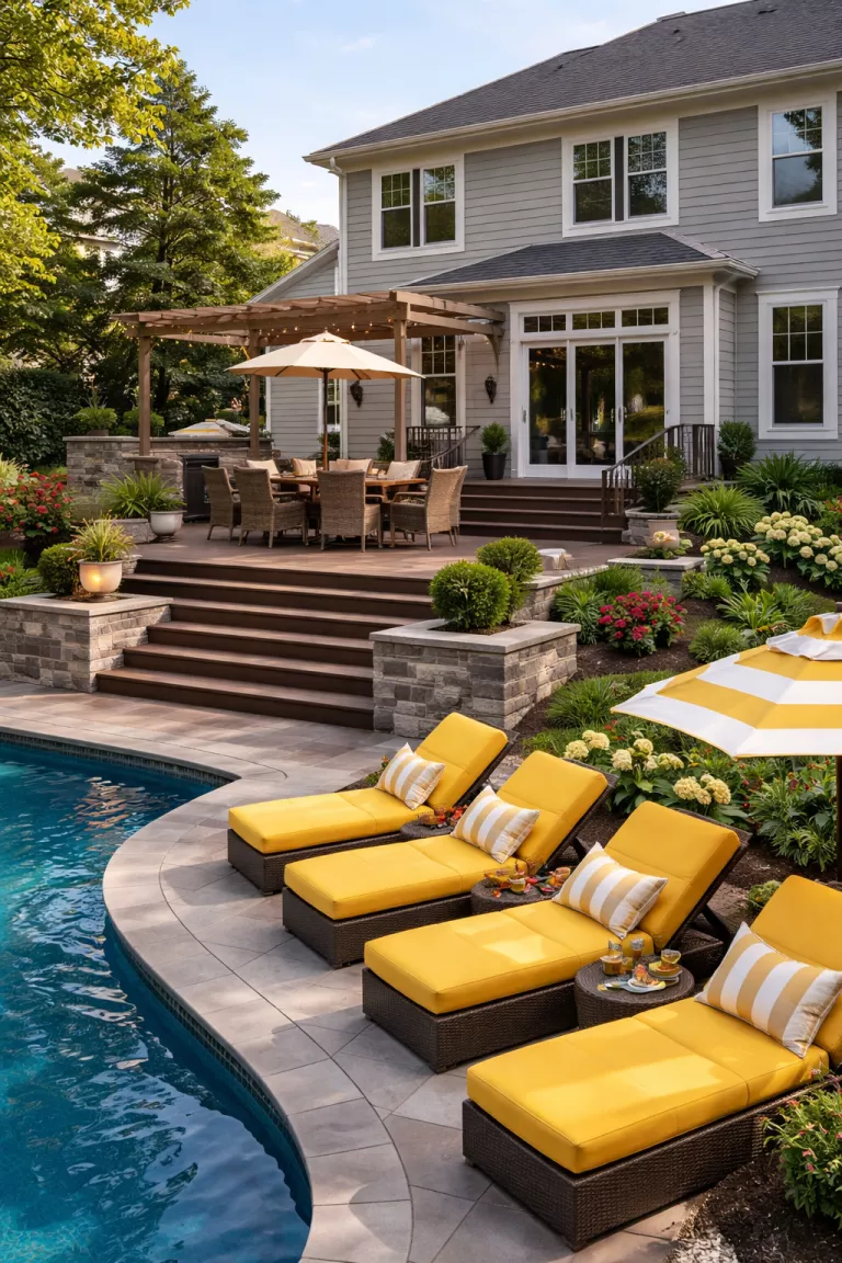 A realistic photo of a typical American home's backyard with a multi-level terraced deck made of brown wood and grey stone, featuring a dining area on top and a pool on the lower level with yellow lounge chairs.