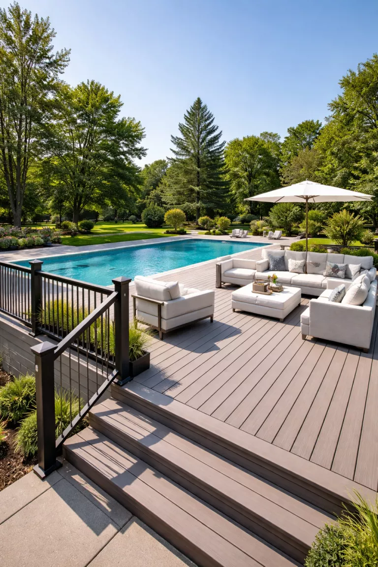 A realistic photo of a typical American home's backyard with driftwood grey composite decking surrounding a pool, including integrated black aluminum railings and modern white outdoor sofas.