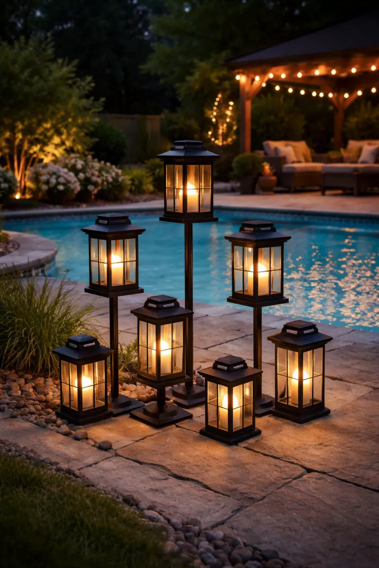 A realistic photo of a typical American home's backyard featuring a cluster of black metal solar lanterns of various heights on a stone pool deck at night.