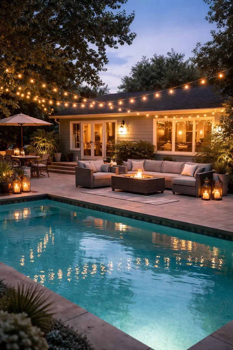A realistic photo of a typical American home's backyard at twilight with warm white LED string lights draped over a pool deck, reflecting in the water next to grey patio furniture.
