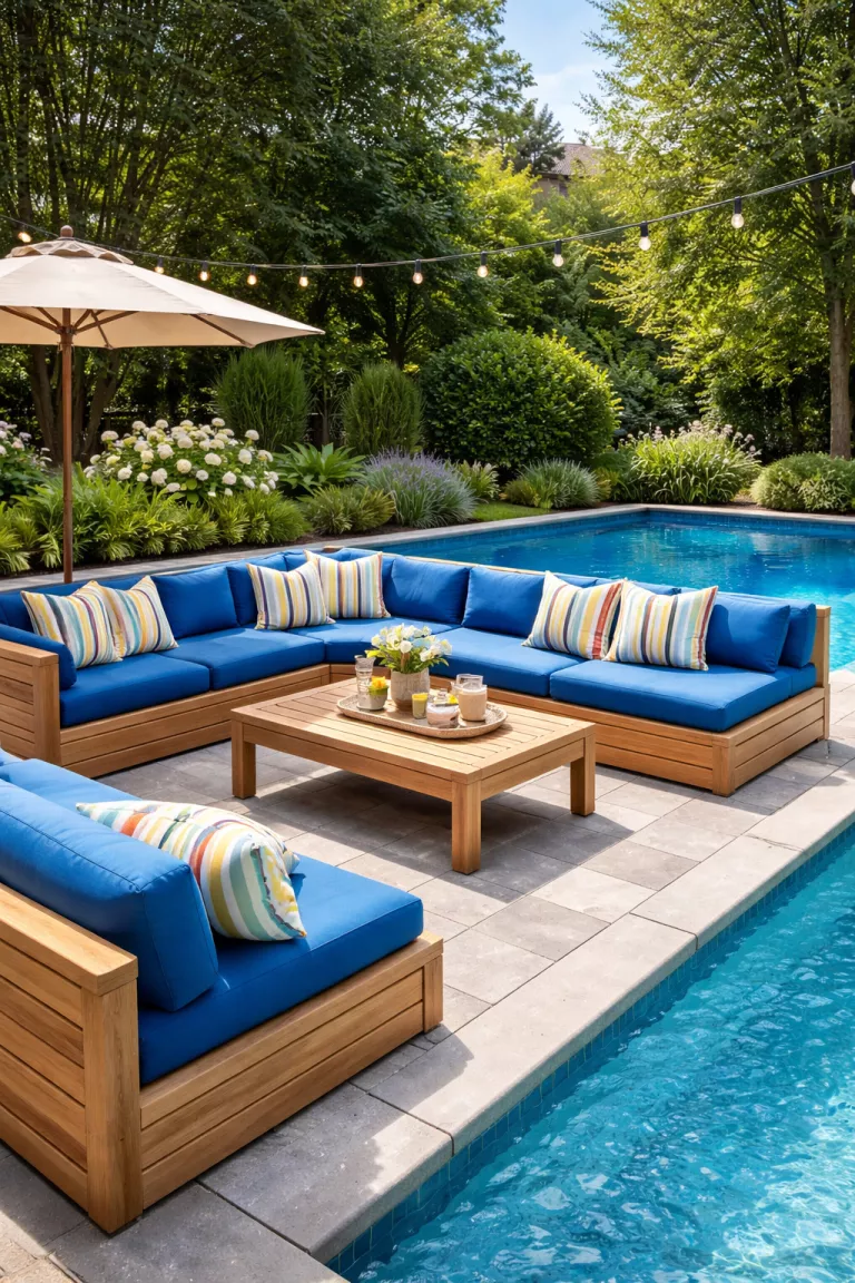 A realistic photo of a typical American home's backyard showing built-in wooden benches on a pool deck, decorated with bold blue weatherproof cushions and colorful striped throw pillows.