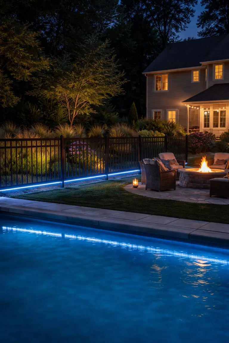 A realistic photo of a traditional American home's backyard at night, featuring an aluminum fence with integrated LED light strips along the bottom rail, the blue glow reflecting on the pool water, and a fire pit nearby.