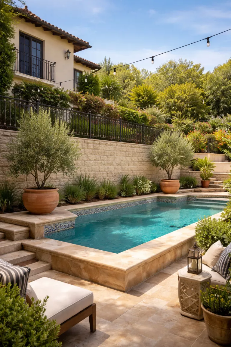 A realistic photo of a traditional American home's backyard featuring a textured concrete block wall topped with a black wrought iron railing, a pool built into a slope, Mediterranean style tiling, and olive trees in large terracotta pots.