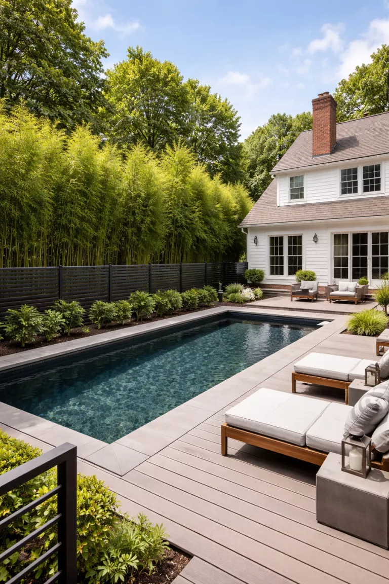 A realistic photo of a traditional American home's backyard with a modern aluminum fence featuring horizontal rails, a lap pool with a dark liner, a minimalist wooden deck, and a wall of tall bamboo for privacy.