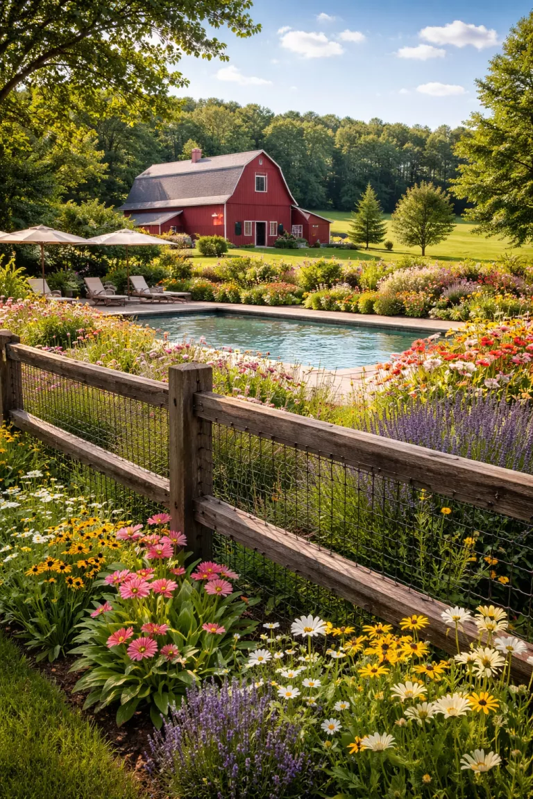 A realistic photo of a traditional American home's backyard featuring a rustic split rail wooden fence with a dark wire mesh infill, a pool surrounded by wildflower gardens, and a large red barn in the distance.