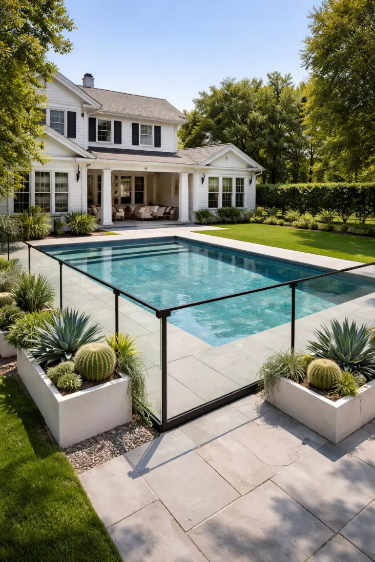 A realistic photo of a traditional American home's backyard showing a glass fence with a thin matte black top and bottom rail, a modern square pool, light gray stone tiles, and architectural succulents in planters.
