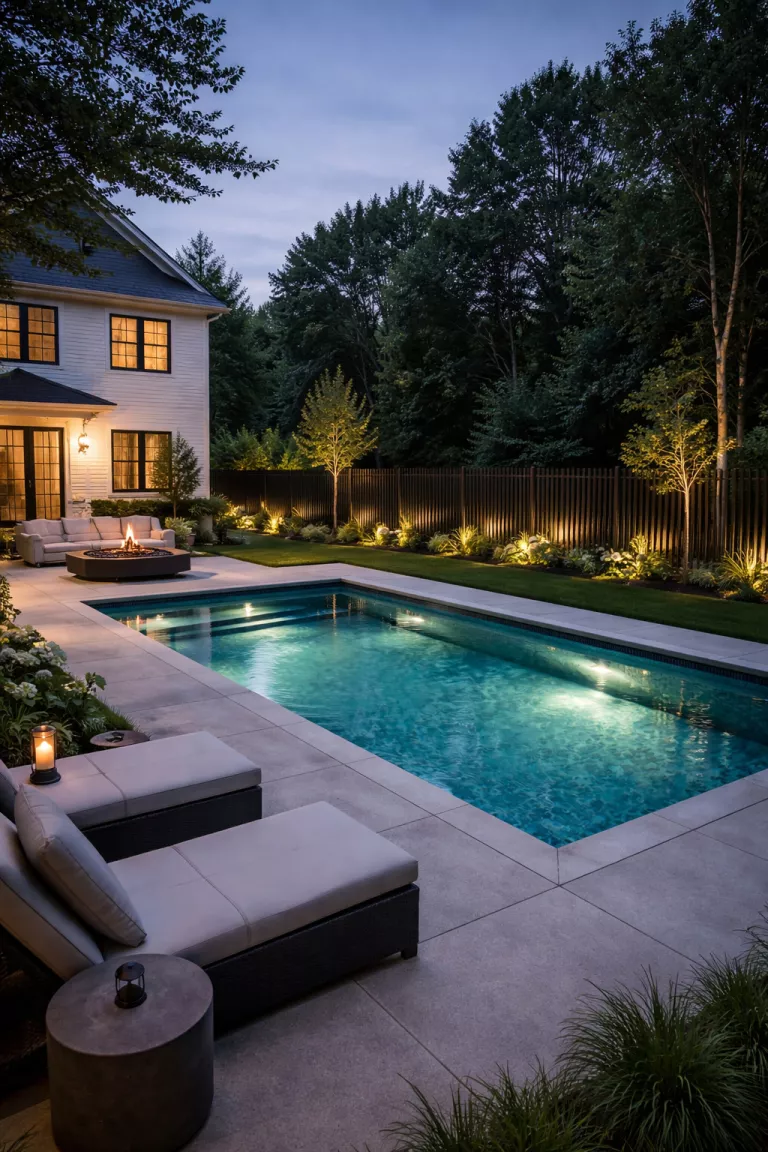 A realistic photo of a traditional American home's backyard featuring a sleek black powder coated steel fence with thin vertical bars, a modern rectangular pool, a concrete patio, and architectural lighting illuminating the fence line at dusk.