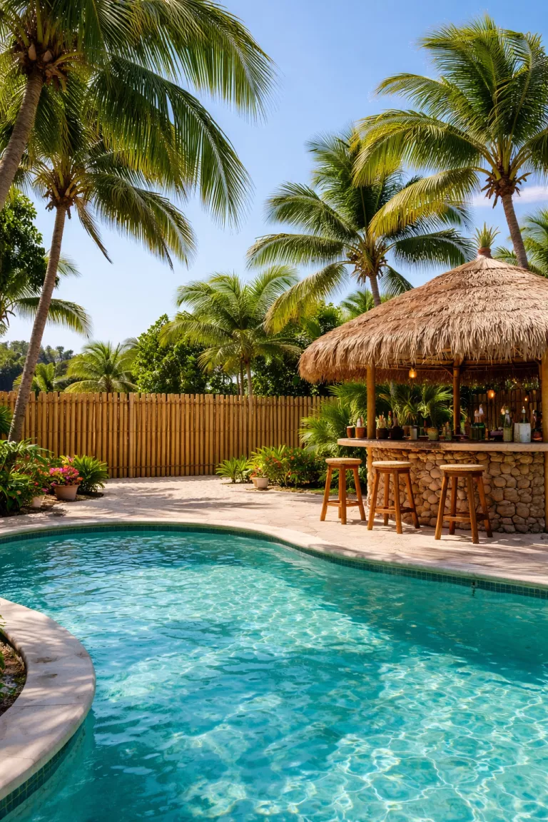 A realistic photo of a traditional American home's backyard featuring a thick bamboo pole fence, a pool with turquoise water, palm trees swaying in the breeze, and a thatched roof tiki bar nearby on a sandy patio area.