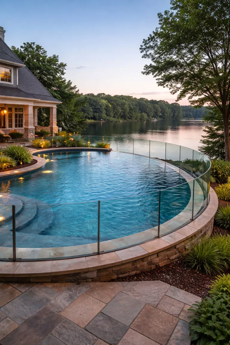 A realistic photo of a traditional American home's backyard featuring a custom pool with a curved edge enclosed by matching curved tempered glass panels, an infinity edge overlooking a lake, and subtle underwater pool lighting.