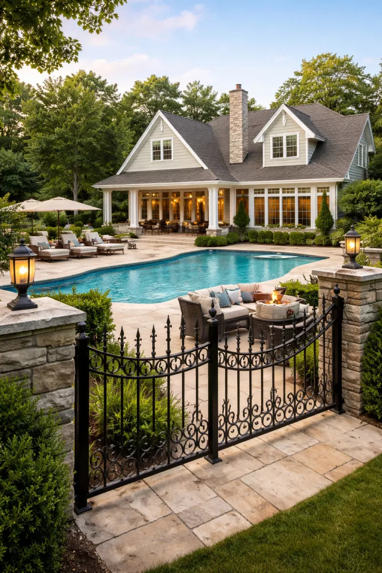 A realistic photo of a traditional American home's backyard with a sophisticated wrought iron fence featuring decorative scrolls and spear tops, stone pillars at the corners, a luxury pool, and elegant outdoor furniture on a travertine deck.