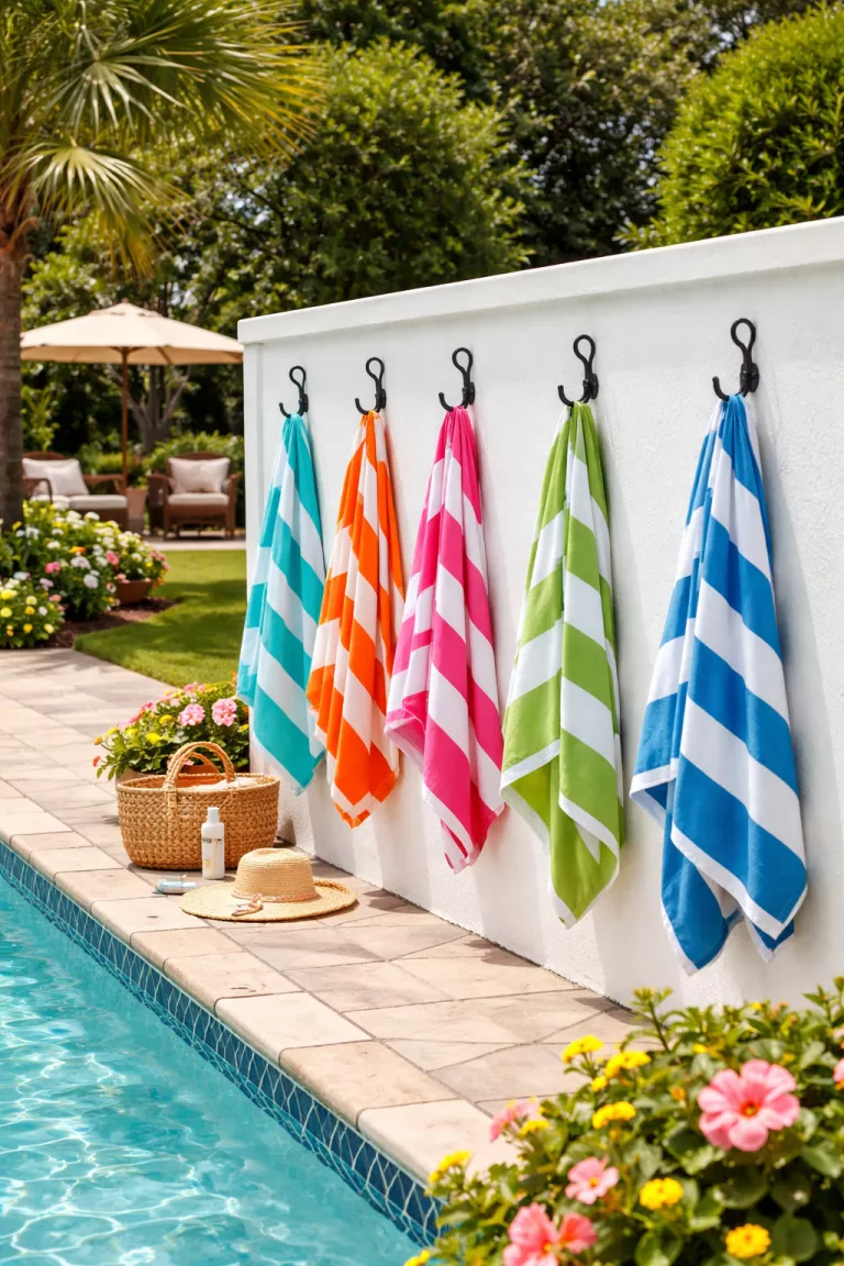 A realistic photo of a typical American home's backyard with several black wrought iron hooks mounted on a white poolside wall holding colorful striped towels.