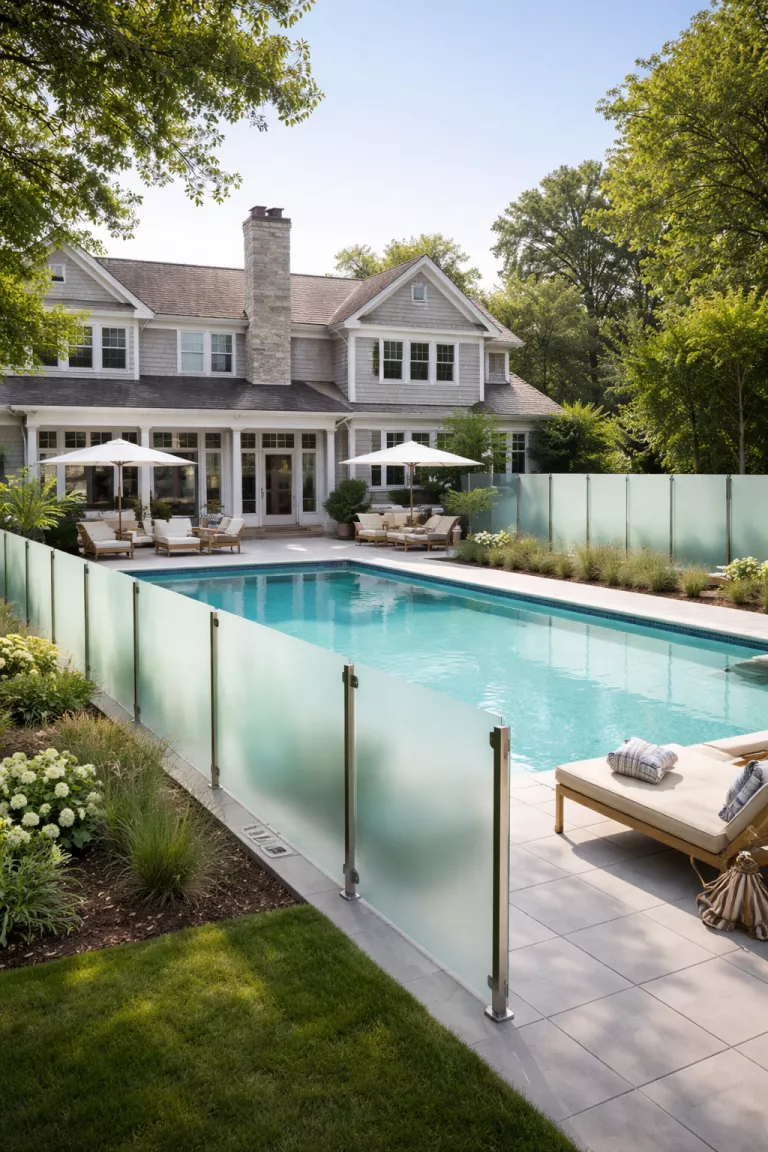 A realistic photo of a traditional American home's backyard showing a luxury pool area surrounded by frosted glass panels held in place by slim silver posts, allowing soft light to pass through.