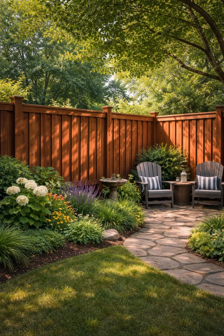 A realistic photo of a traditional American home's backyard showing a heavy board-on-board redwood fence with overlapping vertical planks that create a shadow effect, positioned near a quiet garden corner.