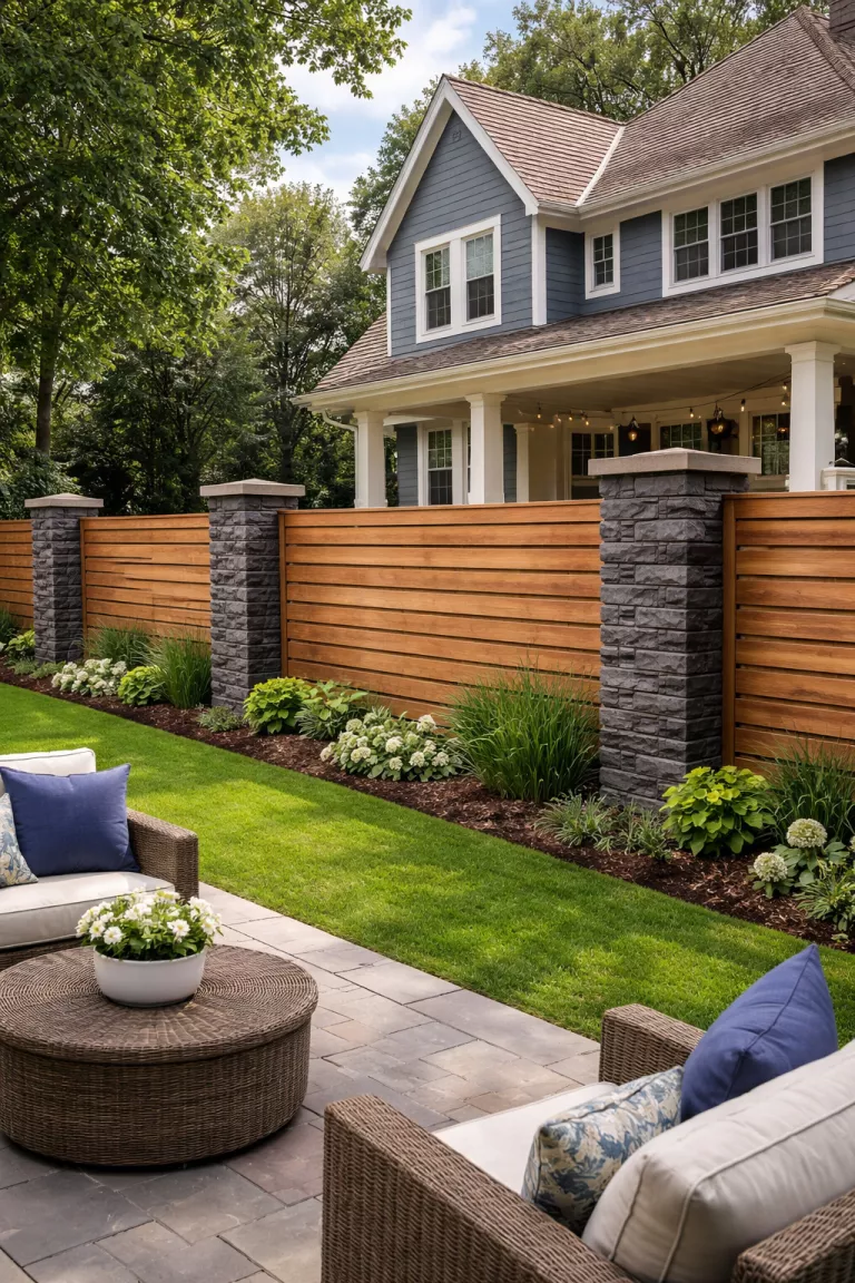A realistic photo of a traditional American home's backyard showing a fence that combines dark stone pillars with horizontal cedar wood slats, creating a varied and high-end textural look.
