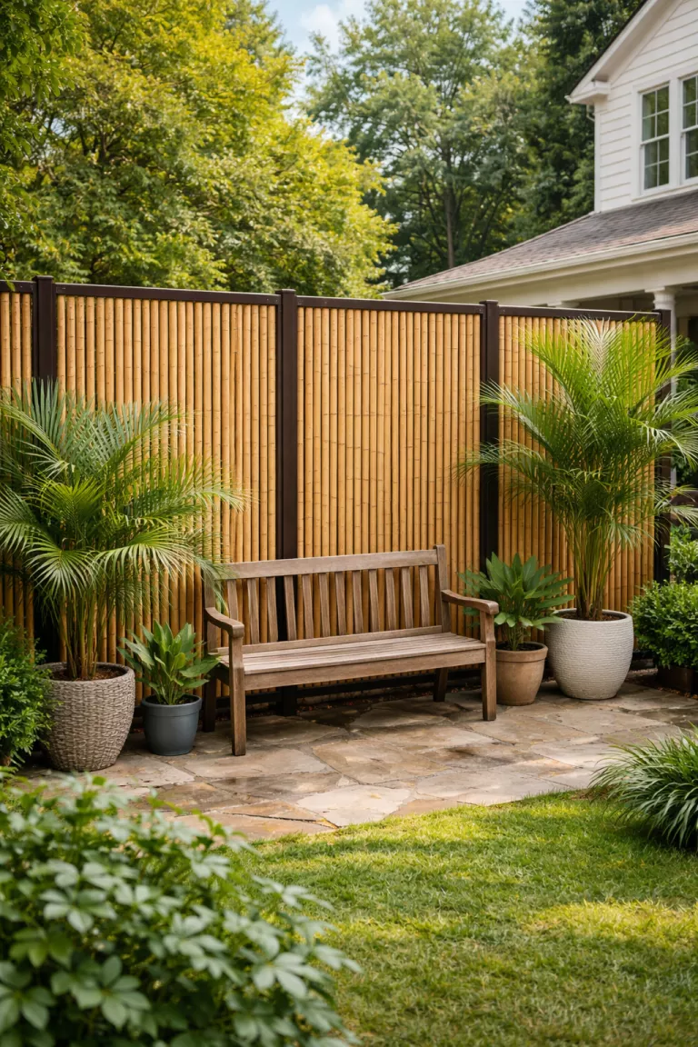 A realistic photo of a traditional American home's backyard with a tall bamboo screen fence held together by dark metal frames, creating a tropical atmosphere next to a small wooden bench and potted palms.