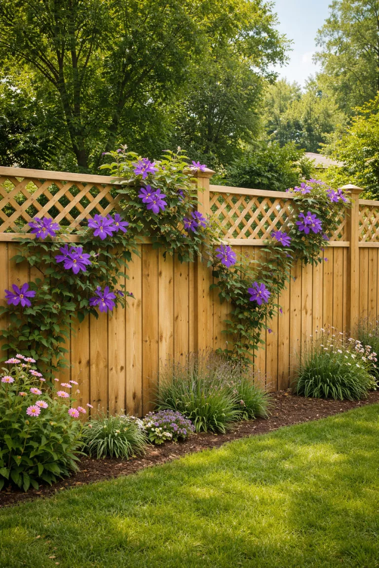 A realistic photo of a traditional American home's backyard showing a classic wooden fence with an added diamond pattern lattice topper, where purple clematis vines have started to climb and weave through the gaps.