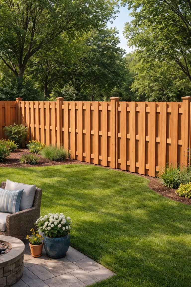 A realistic photo of a traditional American home's backyard showing a cedar shadowbox fence where boards alternate on each side, creating a three dimensional look with soft shadows between the planks.