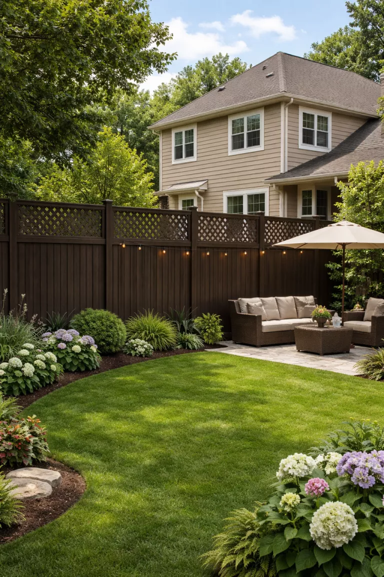 A realistic photo of a traditional American home's backyard featuring an eight foot tall dark wood fence with a lattice extension at the very top to block the view from a neighboring two-story house.
