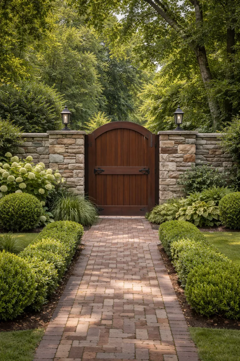 A realistic photo of a traditional American home's backyard showing a tall, solid wall made of stacked natural fieldstone with a heavy wooden gate, surrounded by lush green shrubs and a brick path.