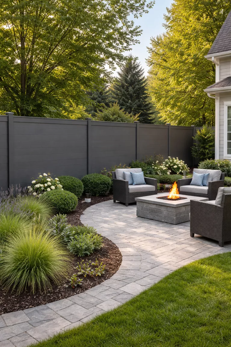 A realistic photo of a traditional American home's backyard featuring a sleek gray composite fence with a smooth finish, standing next to a stone walkway and a small modern fire pit.