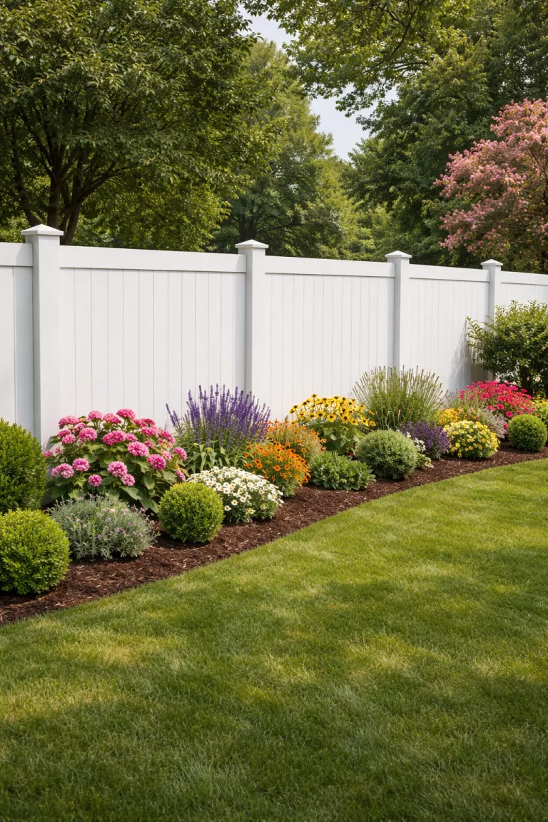 A realistic photo of a traditional American home's backyard featuring a crisp white vinyl privacy fence with solid panels and decorative post caps, standing perfectly straight against a backdrop of colorful flower beds.