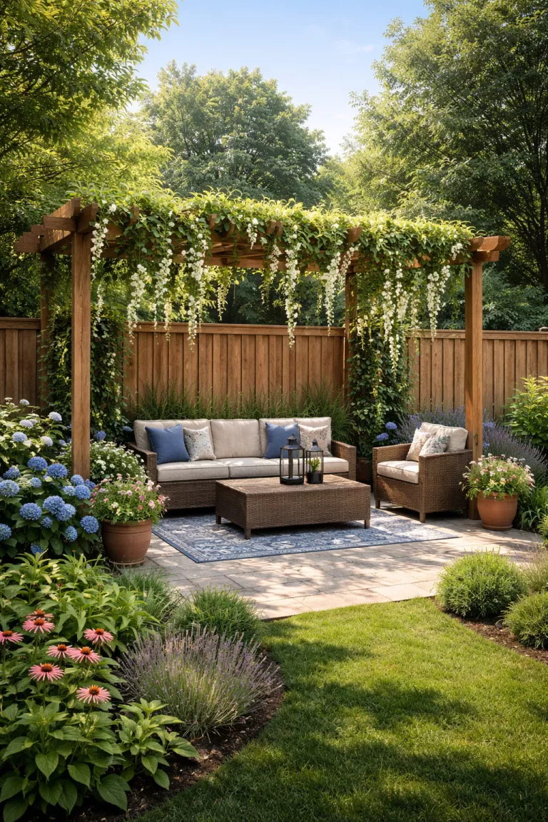 A realistic photo of a traditional American home's backyard featuring a tall wooden privacy fence topped with a classic pergola structure where green vines and white flowers hang down over a patio.